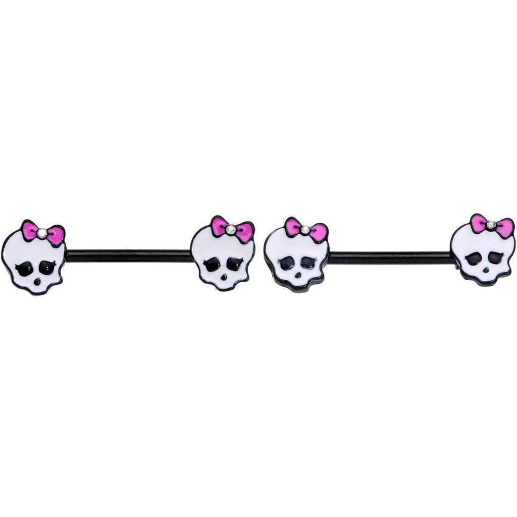 14G 9/16 Aurora Gem Black Kawaii Skull Barbell Nipple Ring Set