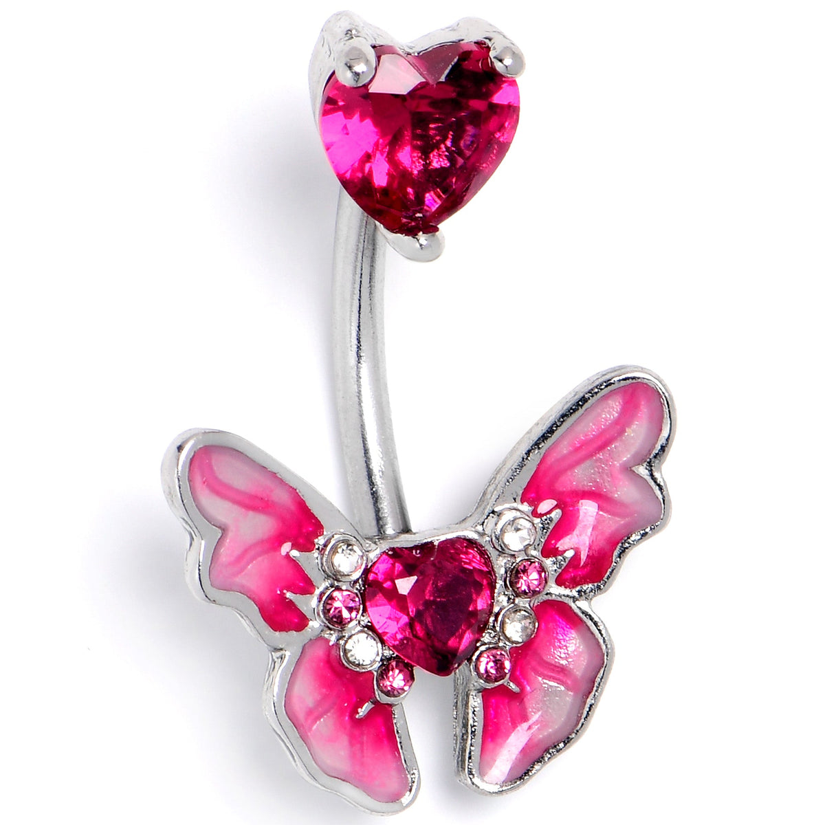 Pink CZ Gem Butterfly Love Heart Double Mount Belly Ring
