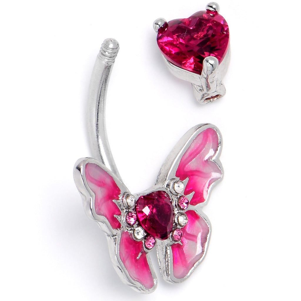 Pink CZ Gem Butterfly Love Heart Double Mount Belly Ring