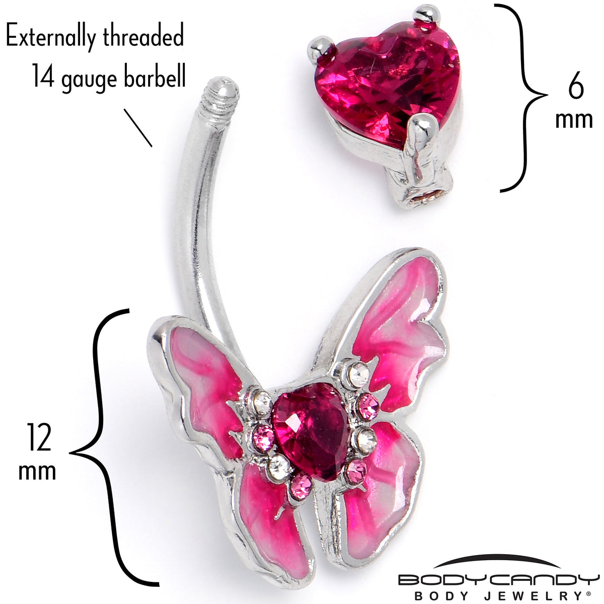 Pink CZ Gem Butterfly Love Heart Double Mount Belly Ring