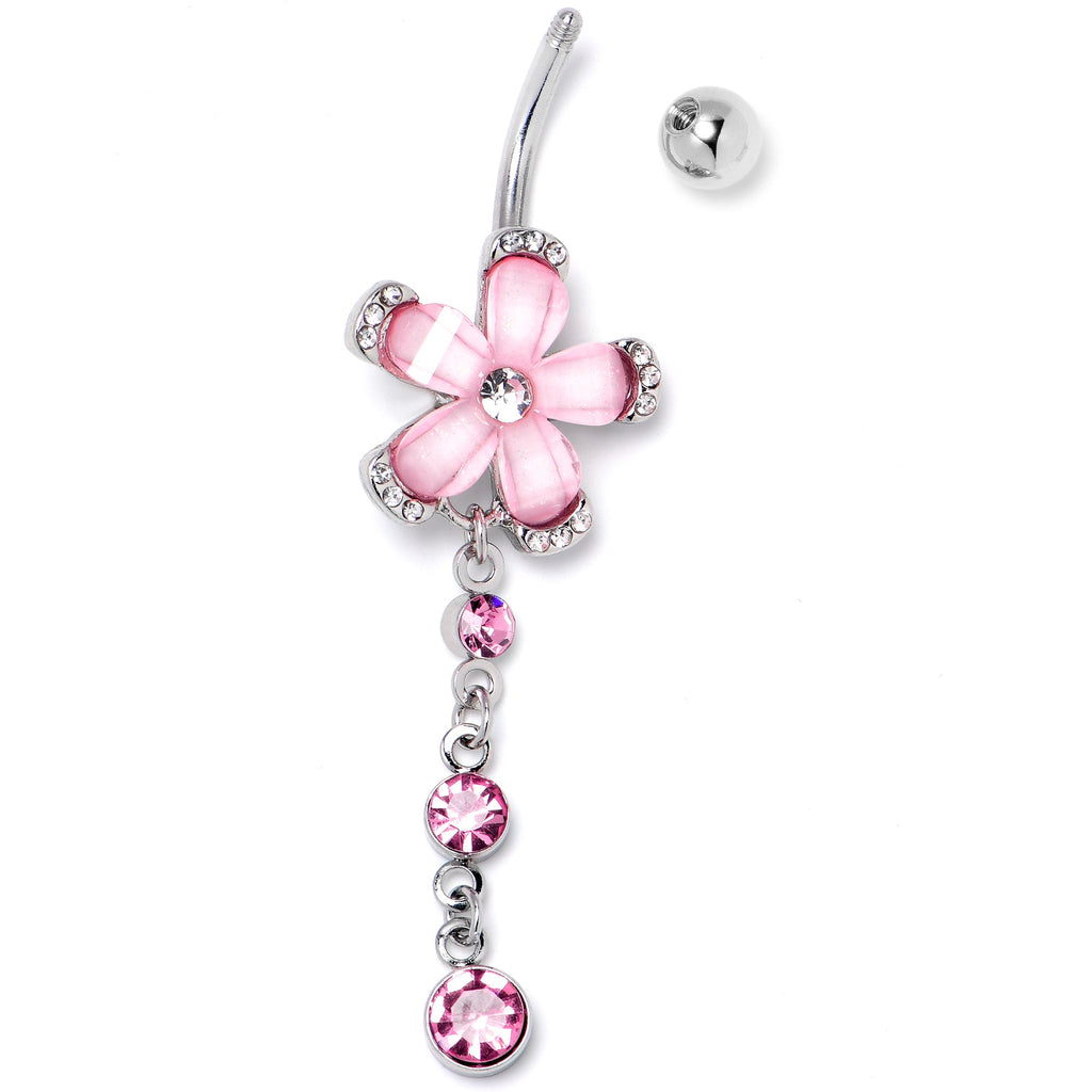 Pink Clear Gem Retro Flower Glamour Dangle Belly Ring
