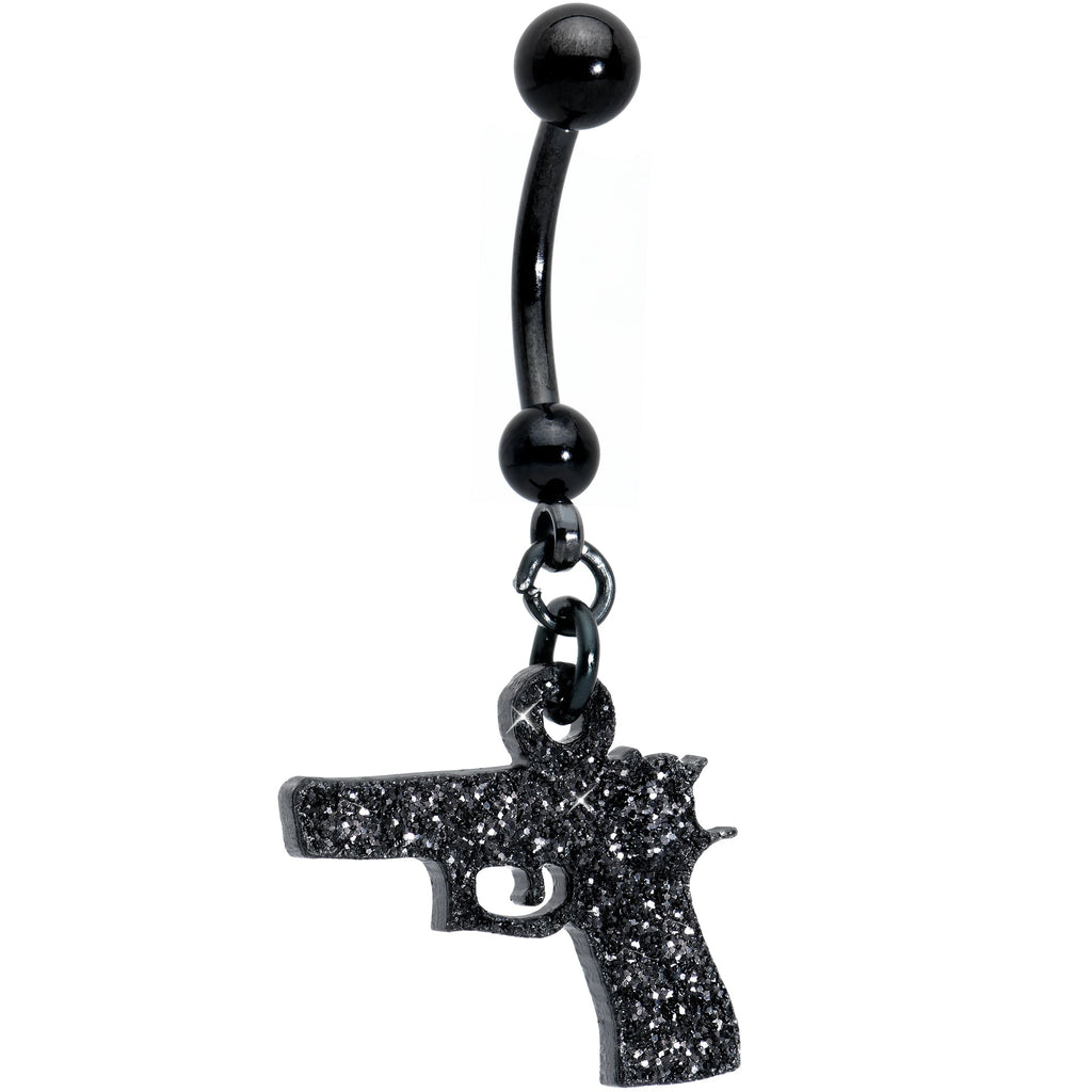 Jet Black Glitter Gun Dangle Belly Ring
